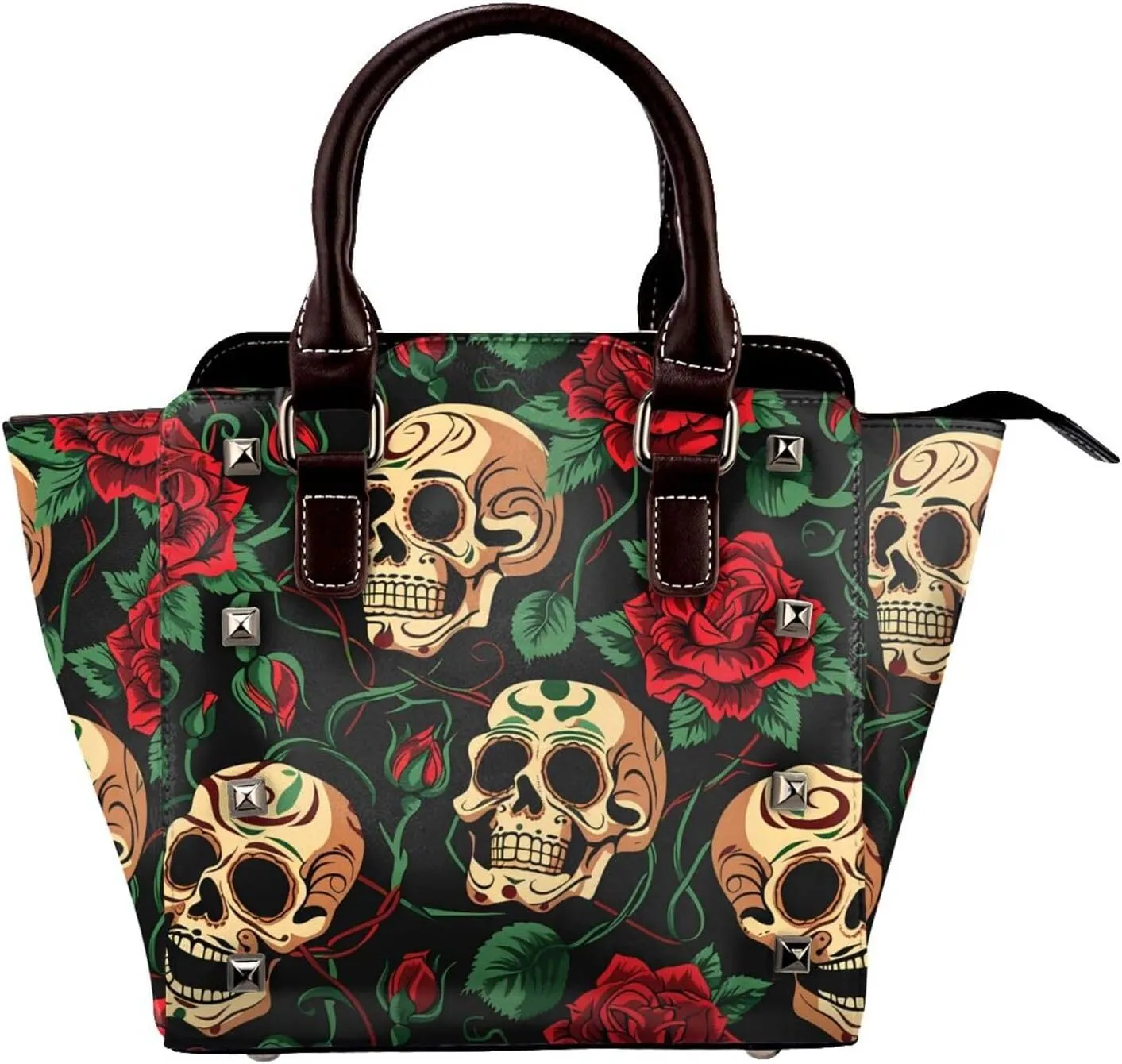 Leather Shoulder Bag for Women, Rose Sugar Skull Studded Purse Halloween Skeleton Crossbody Handbags Punk Hobo Bag with Adjustable Strap