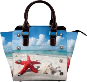 Leather Shoulder Bag for Women, Sea Beach Studded Purse Red White Starfish Crossbody Handbags Punk Hobo Bag with Adjustable Strap