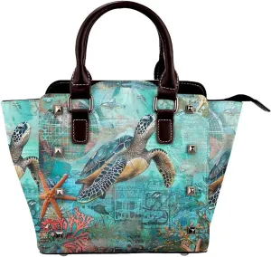 Leather Shoulder Bag for Women, Sea Starfish Coral Studded Purse Ocean Turtle Crossbody Handbags Punk Hobo Bag with Adjustable Strap