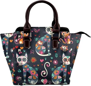 Leather Shoulder Bag for Women, Skull Cat Flower Studded Purse Sugar Skull Floral Crossbody Handbags Punk Hobo Bag with Adjustable Strap