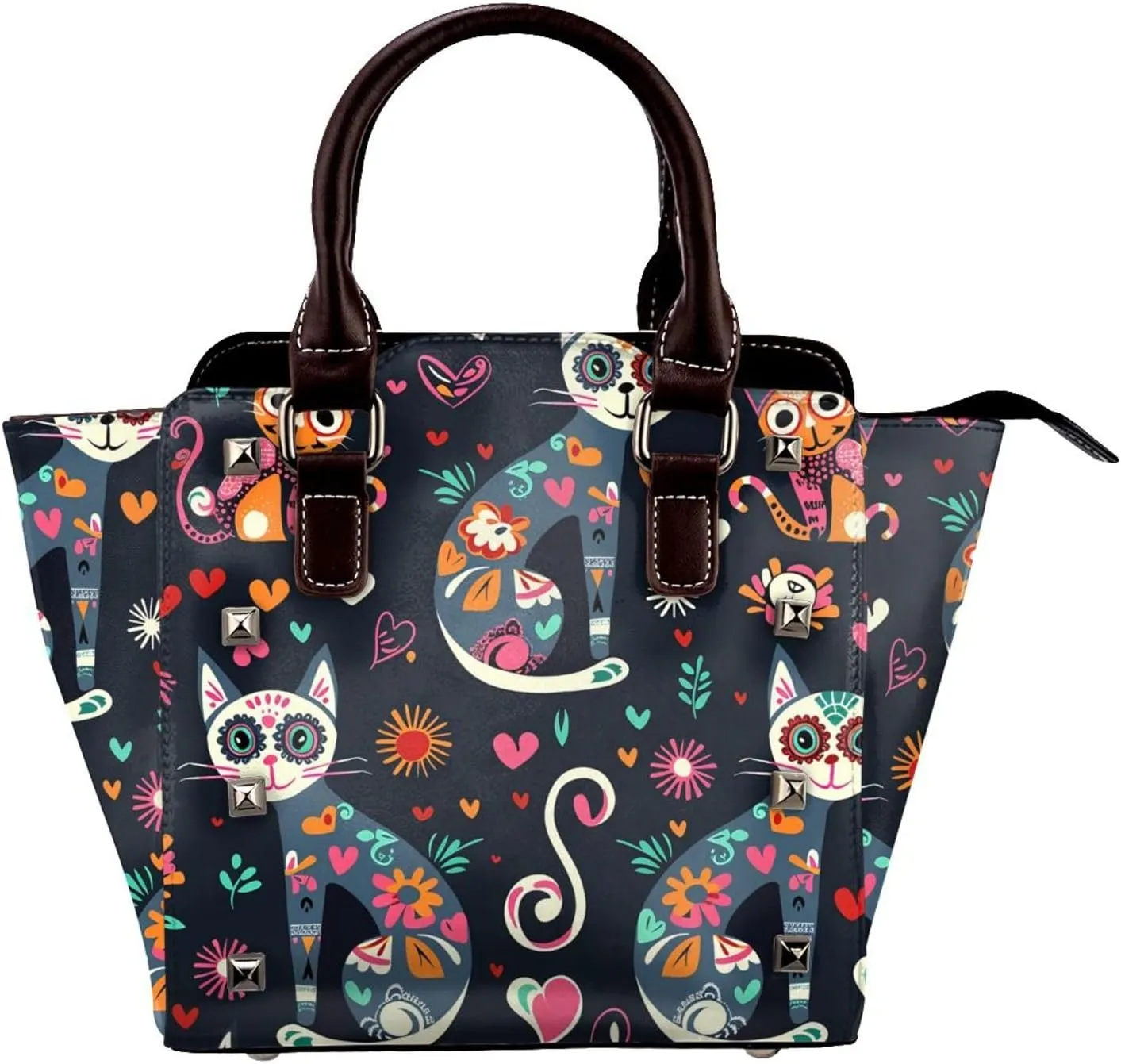 Leather Shoulder Bag for Women, Skull Cat Flower Studded Purse Sugar Skull Floral Crossbody Handbags Punk Hobo Bag with Adjustable Strap