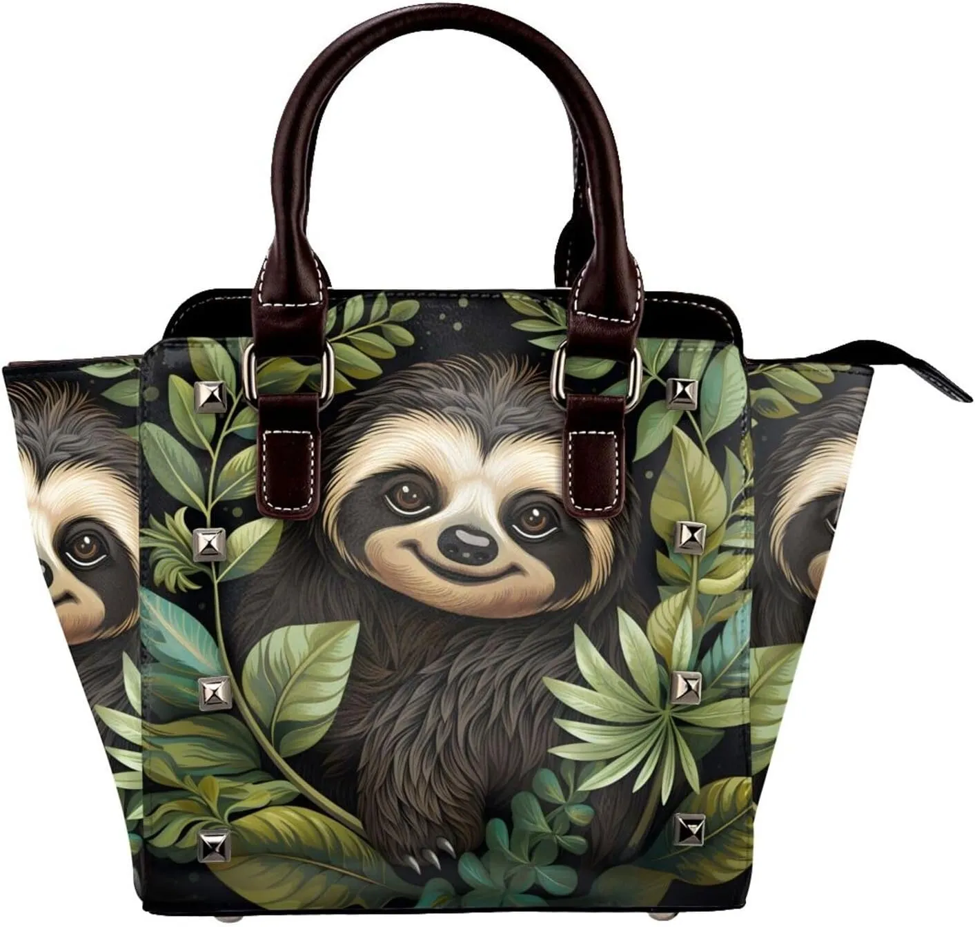 Leather Shoulder Bag for Women, Sloth Leaves Studded Purse Nature Jungle Crossbody Handbags Punk Hobo Bag with Adjustable Strap