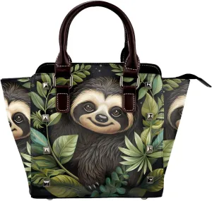 Leather Shoulder Bag for Women, Sloth Leaves Studded Purse Nature Jungle Crossbody Handbags Punk Hobo Bag with Adjustable Strap