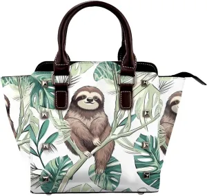 Leather Shoulder Bag for Women, Sloth On Branch Studded Purse Palm Leaves Crossbody Handbags Punk Hobo Bag with Adjustable Strap