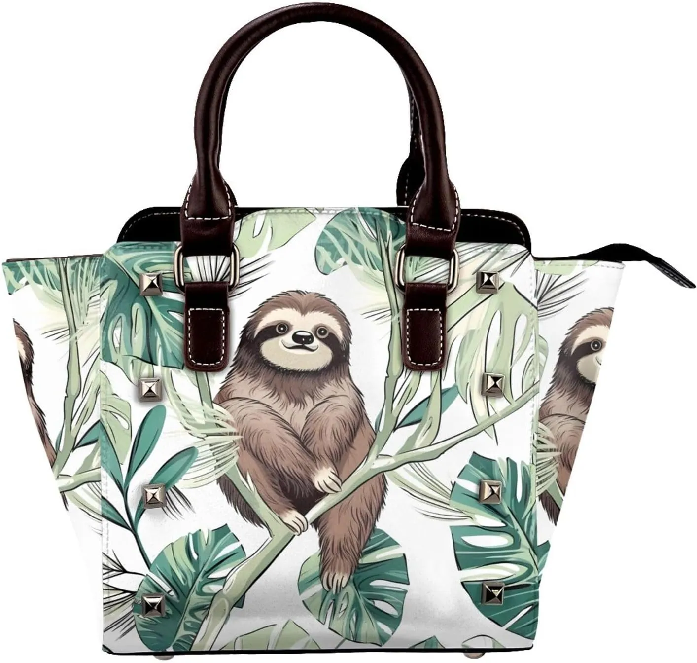 Leather Shoulder Bag for Women, Sloth On Branch Studded Purse Palm Leaves Crossbody Handbags Punk Hobo Bag with Adjustable Strap