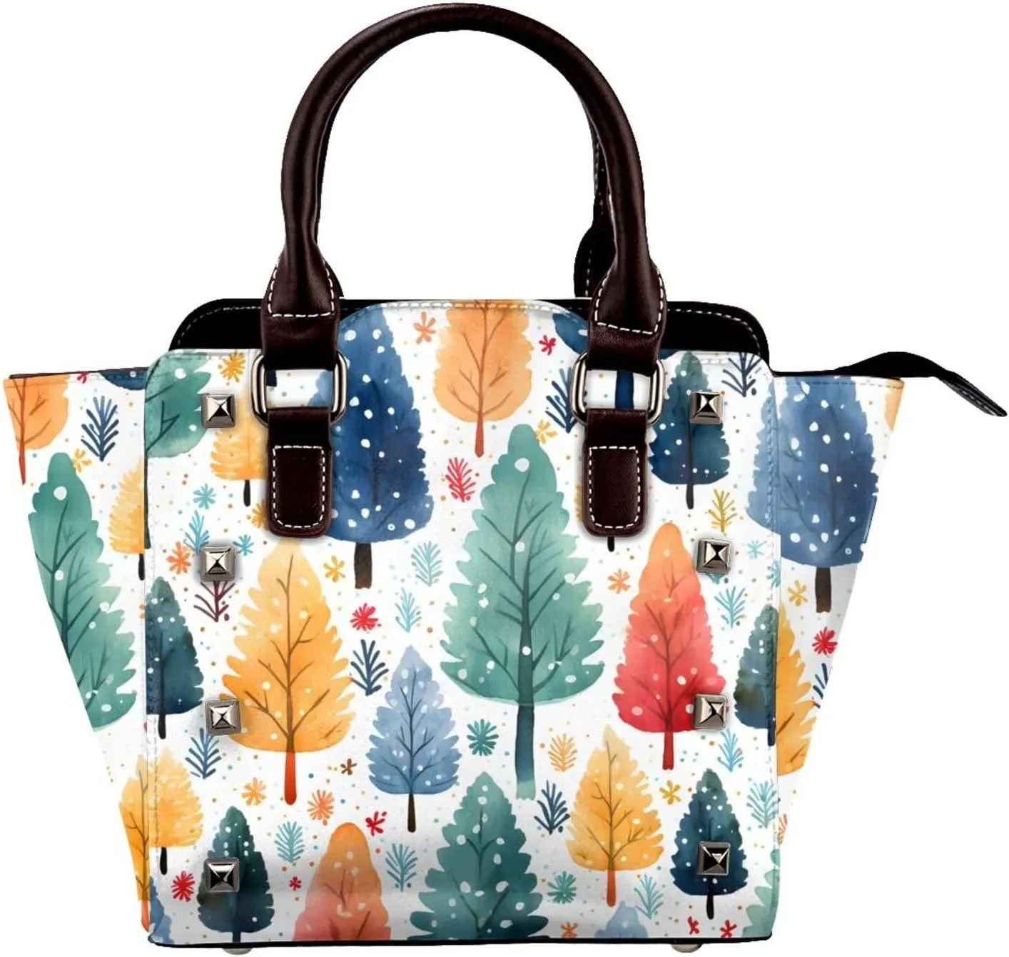 Leather Shoulder Bag for Women, Snow Tree Studded Purse Christmas Snowflake Crossbody Handbags Punk Hobo Bag with Adjustable Strap