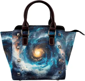 Leather Shoulder Bag for Women, Space Cosmic Studded Purse Nebula Crossbody Handbags Punk Hobo Bag with Adjustable Strap