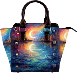 Leather Shoulder Bag for Women, Starry Night Studded Purse Galaxy Forest Moon Crossbody Handbags Punk Hobo Bag with Adjustable Strap