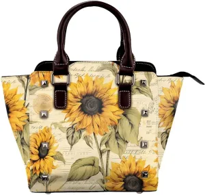 Leather Shoulder Bag for Women, Sunflower Studded Purse Yellow Flower Crossbody Handbags Punk Hobo Bag with Adjustable Strap