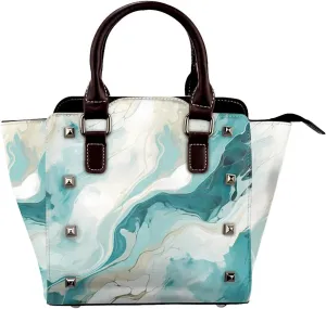Leather Shoulder Bag for Women, Teal Turquoise Marble Studded Purse Abstract Art Crossbody Handbags Punk Hobo Bag with Adjustable Strap