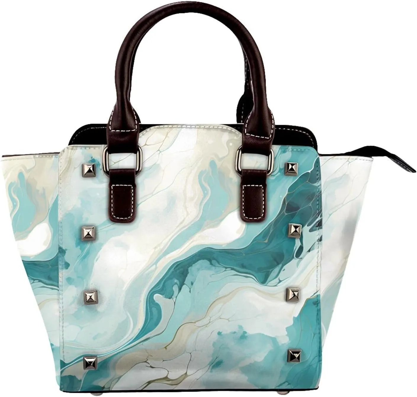 Leather Shoulder Bag for Women, Teal Turquoise Marble Studded Purse Abstract Art Crossbody Handbags Punk Hobo Bag with Adjustable Strap