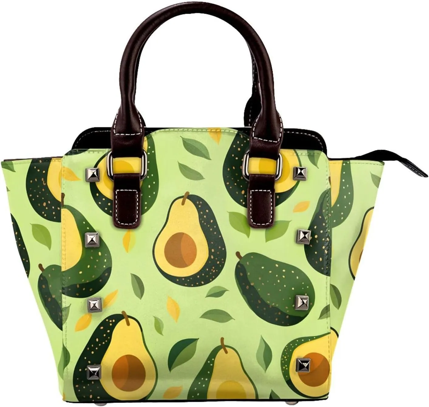 Leather Shoulder Bag for Women, Tropical Avocado Studded Purse Green Leaf Summer Crossbody Handbags Punk Hobo Bag with Adjustable Strap