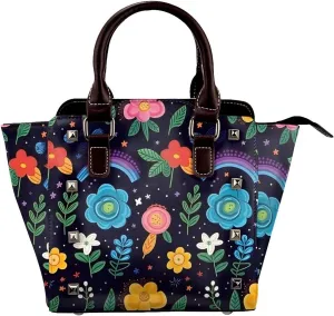 Leather Shoulder Bag for Women, Vintage Flower Studded Purse Colorful Floral Crossbody Handbags Punk Hobo Bag with Adjustable Strap