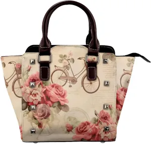 Leather Shoulder Bag for Women, Vintage Rose Flower Studded Purse Romantic Bike Crossbody Handbags Punk Hobo Bag with Adjustable Strap