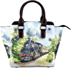Leather Shoulder Bag for Women, Vintage Steam Train Studded Purse Transport Truck Crossbody Handbags Punk Hobo Bag with Adjustable Strap