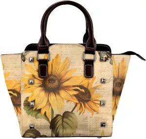 Leather Shoulder Bag for Women, Vintage Sunflower Bee Studded Purse yellow Floral Crossbody Handbags Punk Hobo Bag with Adjustable Strap