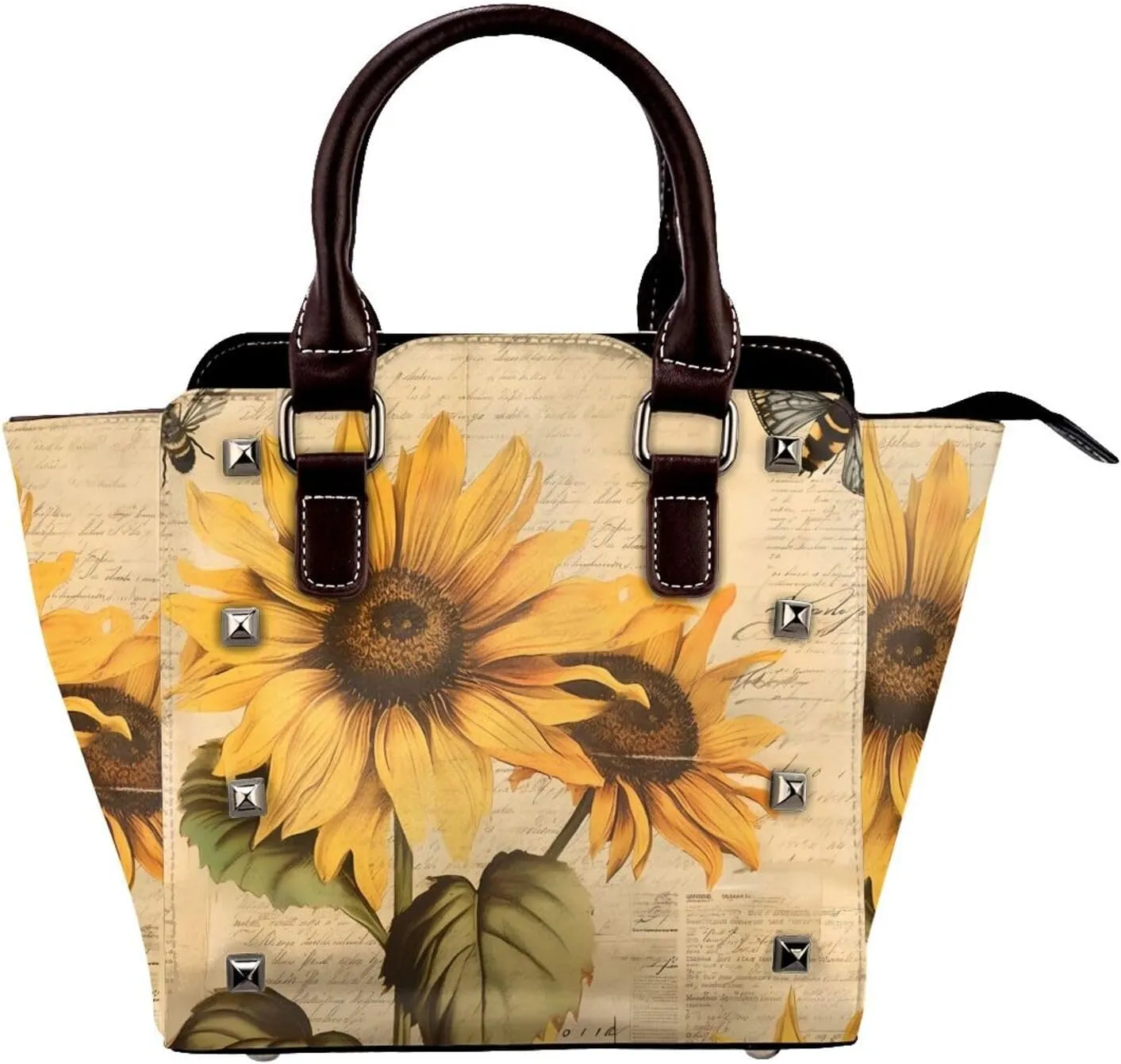 Leather Shoulder Bag for Women, Vintage Sunflower Bee Studded Purse yellow Floral Crossbody Handbags Punk Hobo Bag with Adjustable Strap