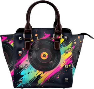 Leather Shoulder Bag for Women, Viny Cd Studded Purse Colorful Music Record Crossbody Handbags Punk Hobo Bag with Adjustable Strap