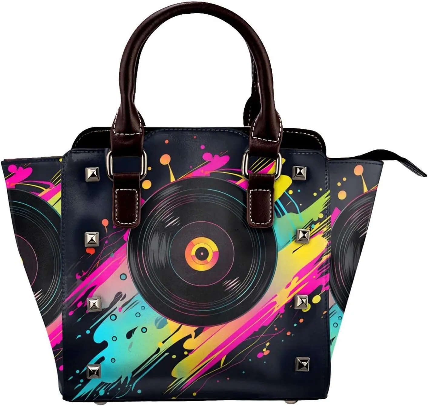 Leather Shoulder Bag for Women, Viny Cd Studded Purse Colorful Music Record Crossbody Handbags Punk Hobo Bag with Adjustable Strap