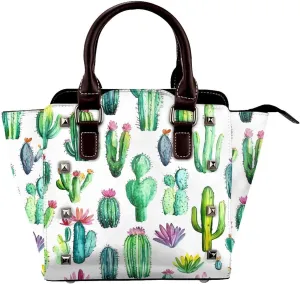 Leather Shoulder Bag for Women, Watercolor Cactus Floral Studded Purse Cacti Flower Crossbody Handbags Punk Hobo Bag with Adjustable Strap