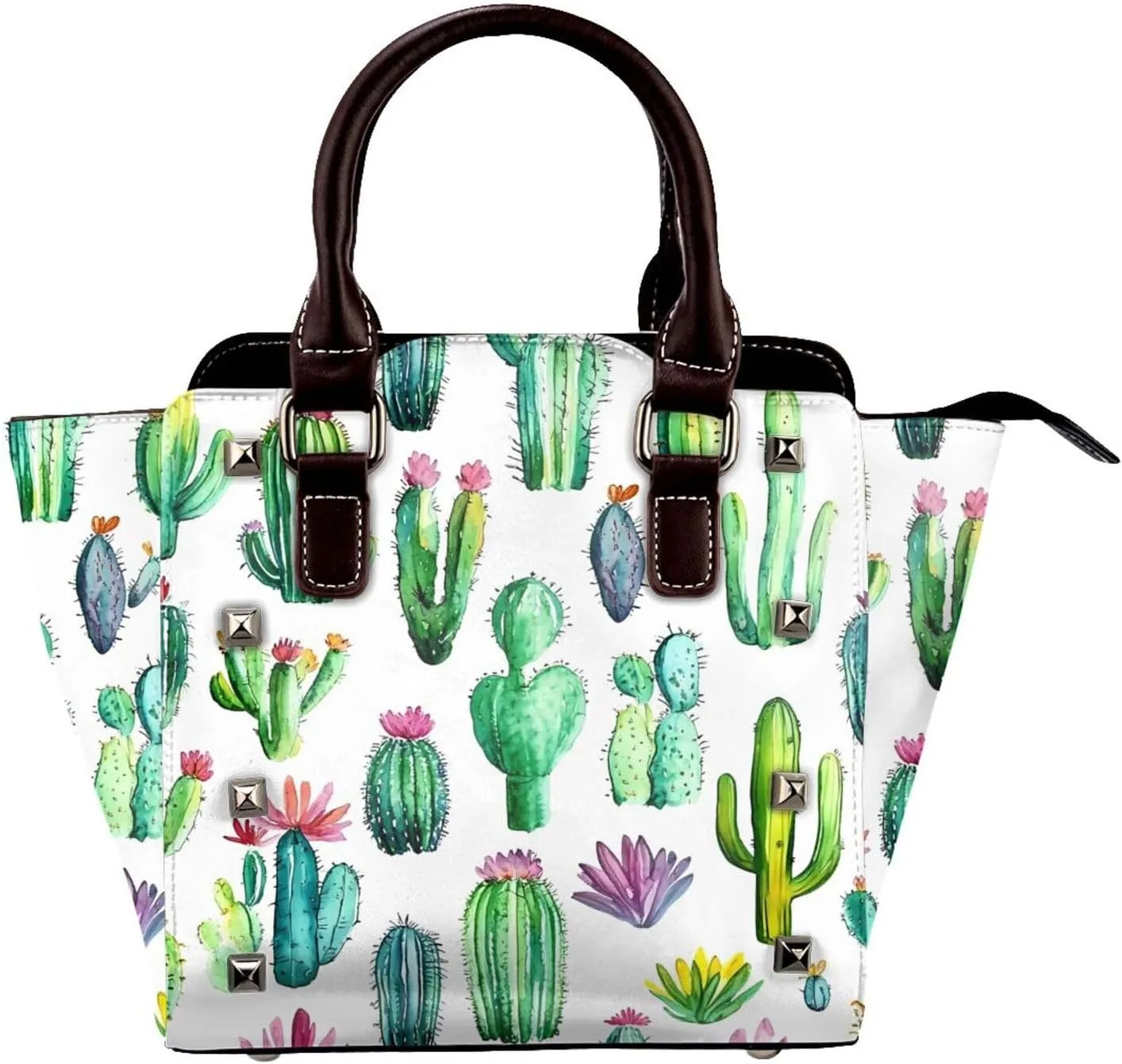 Leather Shoulder Bag for Women, Watercolor Cactus Floral Studded Purse Cacti Flower Crossbody Handbags Punk Hobo Bag with Adjustable Strap