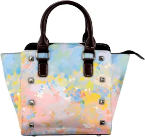 Leather Shoulder Bag for Women, Watercolor Floral Studded Purse Spring Flower Crossbody Handbags Punk Hobo Bag with Adjustable Strap