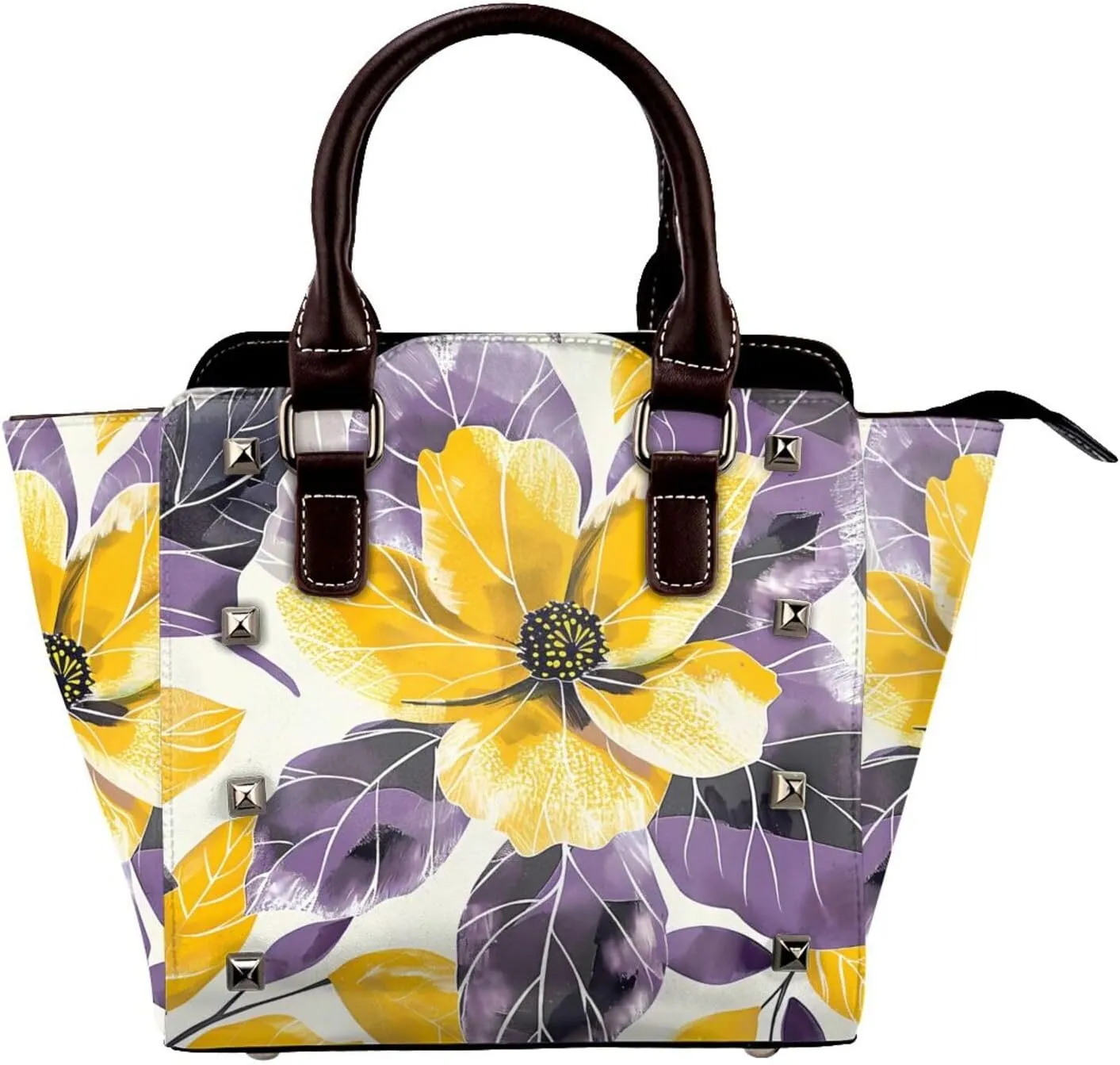 Leather Shoulder Bag for Women, Watercolor Flower Floral Studded Purse Leaves Crossbody Handbags Punk Hobo Bag with Adjustable Strap