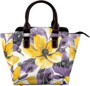 Leather Shoulder Bag for Women, Watercolor Flower Floral Studded Purse Leaves Crossbody Handbags Punk Hobo Bag with Adjustable Strap