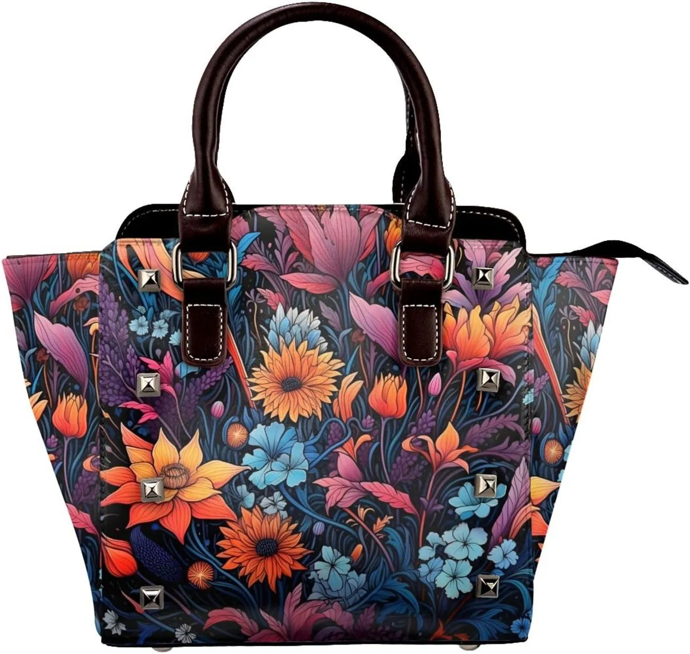 Leather Shoulder Bag for Women, Watercolor Flower Plant Studded Purse Colorful Spring Floral Crossbody Handbags Punk Hobo Bag with Adjustable Strap