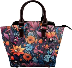 Leather Shoulder Bag for Women, Watercolor Flower Plant Studded Purse Colorful Spring Floral Crossbody Handbags Punk Hobo Bag with Adjustable Strap
