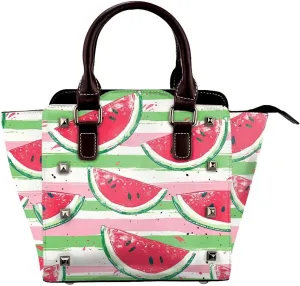 Leather Shoulder Bag for Women, Watermelon Stripes Studded Purse Colorful Crossbody Handbags Punk Hobo Bag with Adjustable Strap