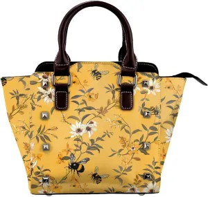 Leather Shoulder Bag for Women, Yellow Bee Flower Studded Purse Floral Bird Crossbody Handbags Punk Hobo Bag with Adjustable Strap