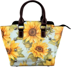 Leather Shoulder Bag for Women, Yellow Sunflowers Studded Purse Floral Flower Crossbody Handbags Punk Hobo Bag with Adjustable Strap
