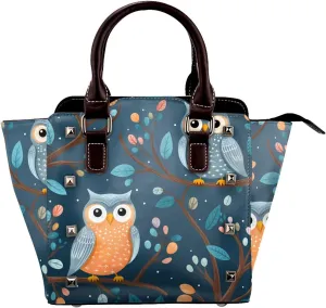 Leather Shoulder Bag for Women,Cute Owls On Branches Studded Purse Flower Leaves Crossbody Handbags Punk Hobo Bag with Adjustable Strap
