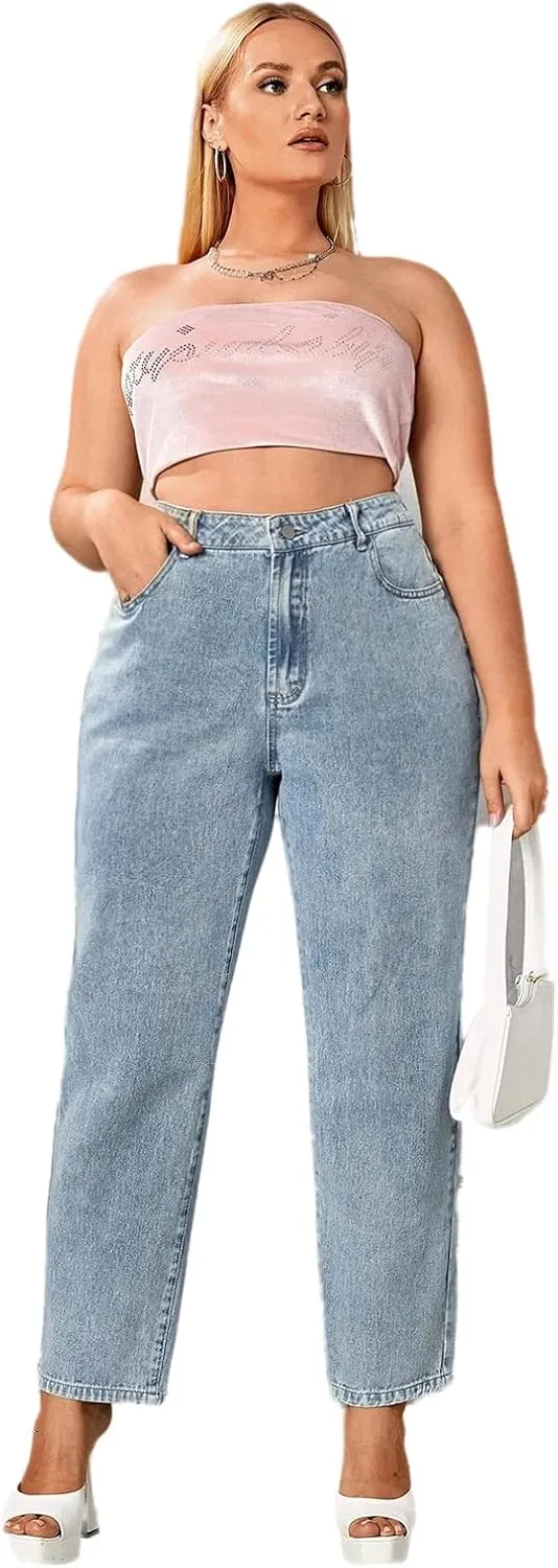LEIJIJEANS Plus Size Women for Jeans Straight Fitting High Stretchy Jeans Highwaist Light Blue Full Length Mom Pants