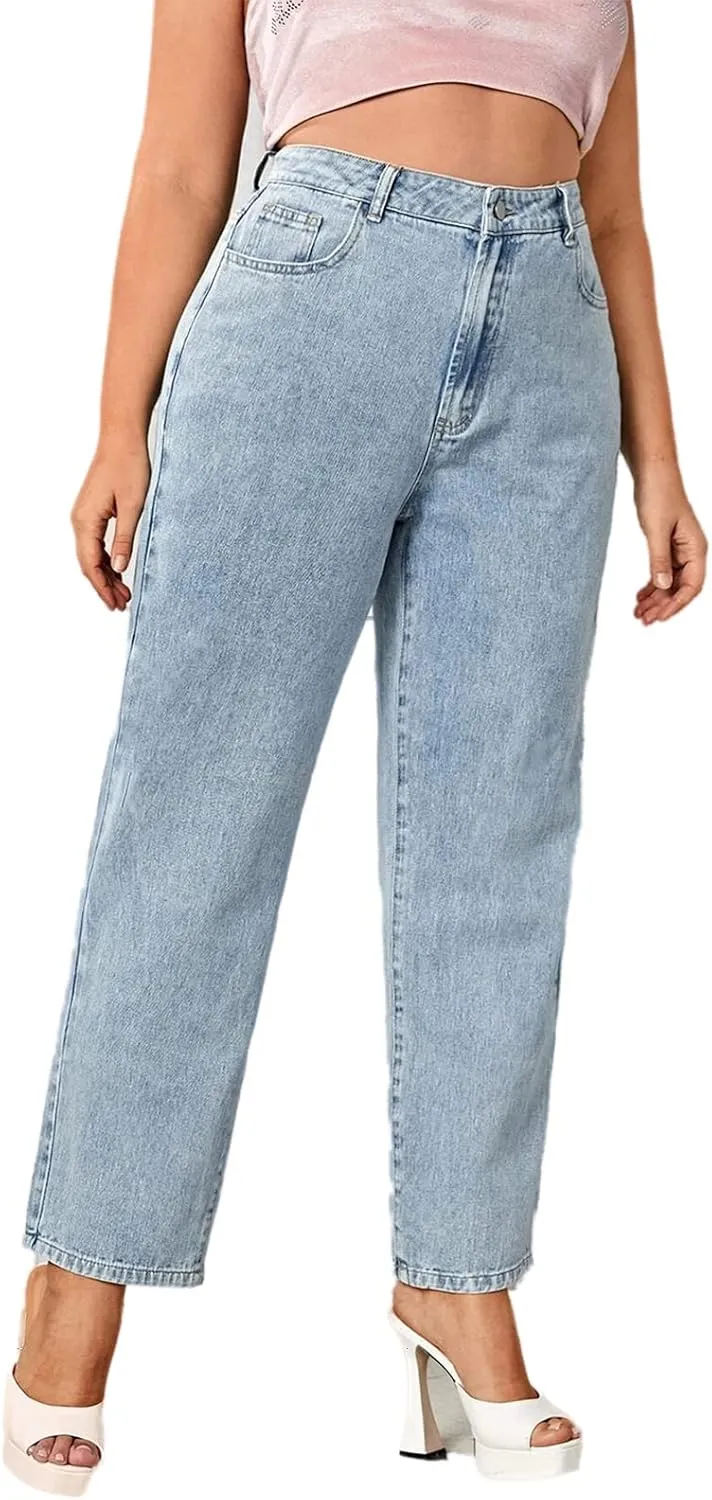 LEIJIJEANS Plus Size Women for Jeans Straight Fitting High Stretchy Jeans Highwaist Light Blue Full Length Mom Pants