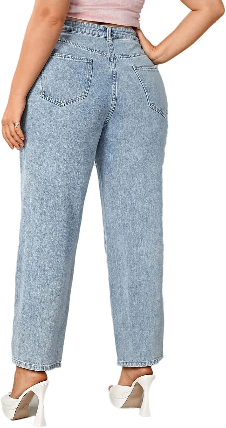 LEIJIJEANS Plus Size Women for Jeans Straight Fitting High Stretchy Jeans Highwaist Light Blue Full Length Mom Pants
