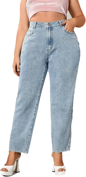 LEIJIJEANS Plus Size Women for Jeans Straight Fitting High Stretchy Jeans Highwaist Light Blue Full Length Mom Pants