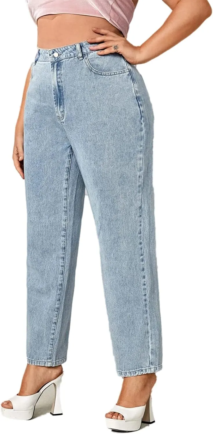 LEIJIJEANS Plus Size Women for Jeans Straight Fitting High Stretchy Jeans Highwaist Light Blue Full Length Mom Pants