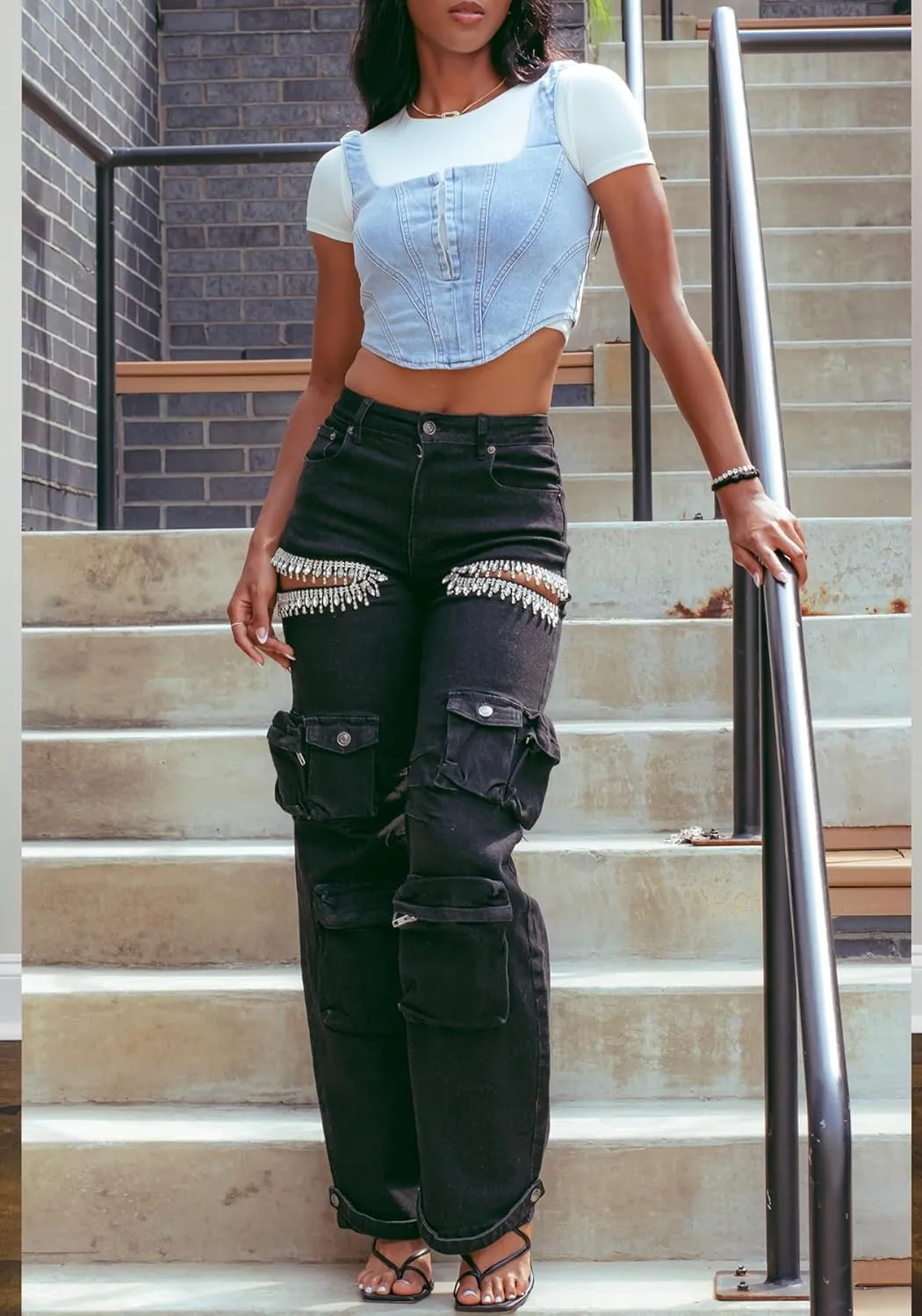 LETSVDO Women's Rhinestone Cargo Jeans High Waisted Wide Leg Baggy Sexy Ripped Cut Out Distressed Stretch Denim Pants