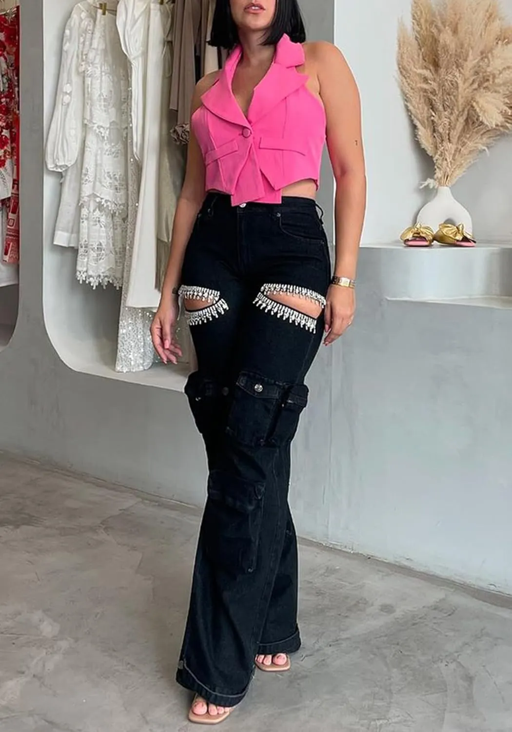 LETSVDO Women's Rhinestone Cargo Jeans High Waisted Wide Leg Baggy Sexy Ripped Cut Out Distressed Stretch Denim Pants