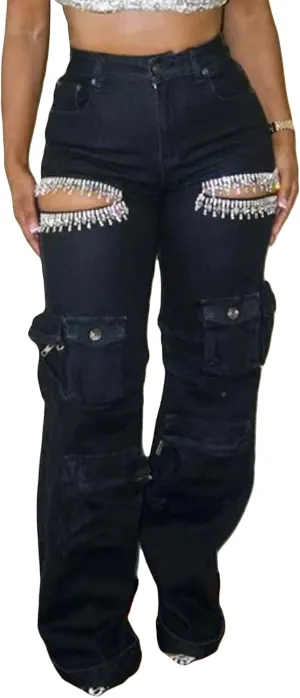 LETSVDO Women's Rhinestone Cargo Jeans High Waisted Wide Leg Baggy Sexy Ripped Cut Out Distressed Stretch Denim Pants