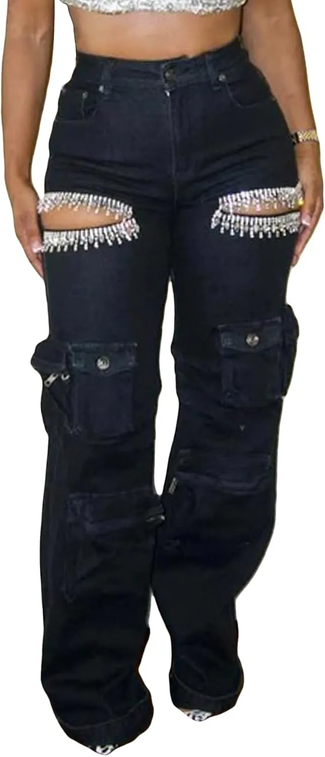 LETSVDO Women's Rhinestone Cargo Jeans High Waisted Wide Leg Baggy Sexy Ripped Cut Out Distressed Stretch Denim Pants