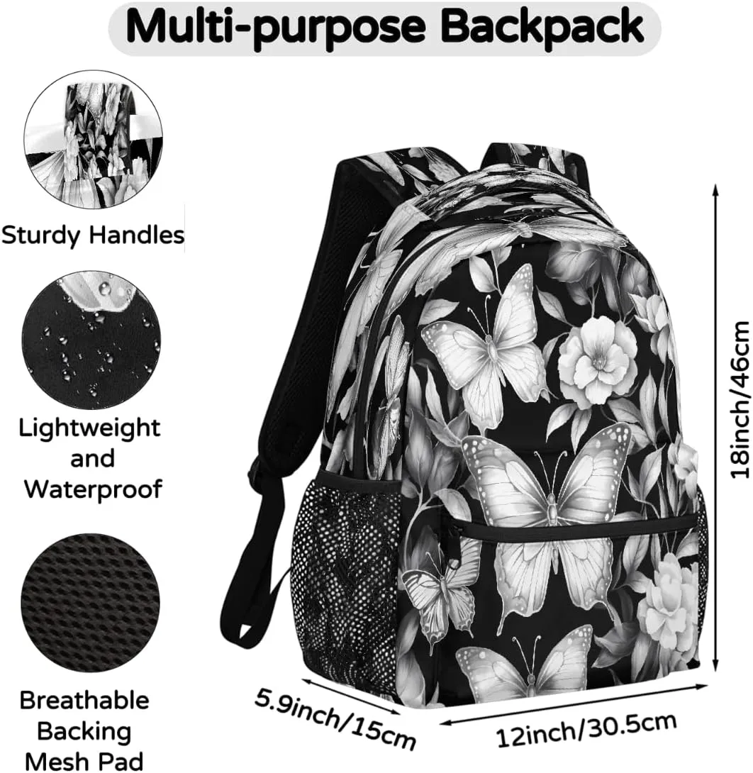 Lightweight Travel Backpack, Butterflies Flower Large Capacity Bookbag, Waterproof Travel Bag Casual Daypack for Men Women Adults