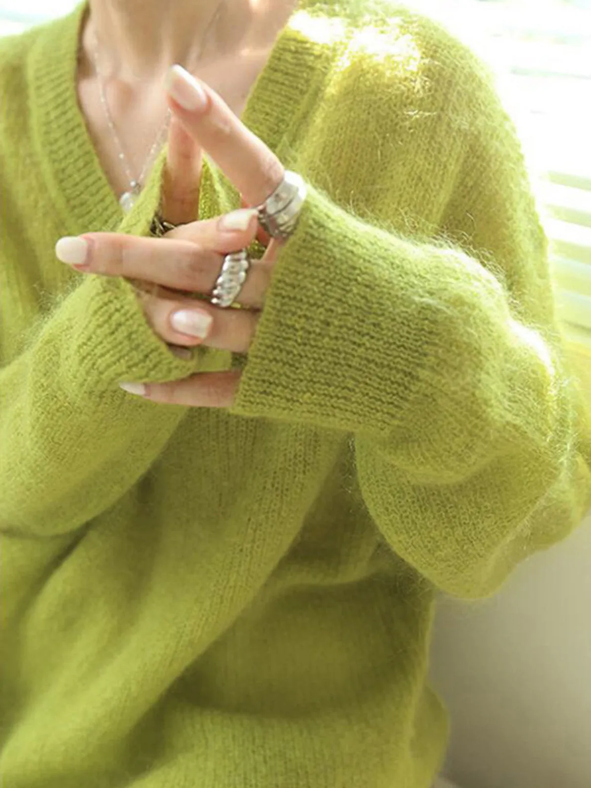 Lime Garden Graceful Furry V-Neck Sweater