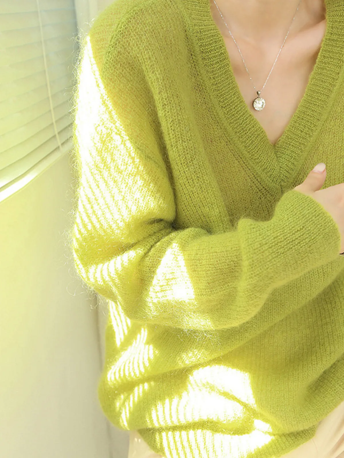Lime Garden Graceful Furry V-Neck Sweater