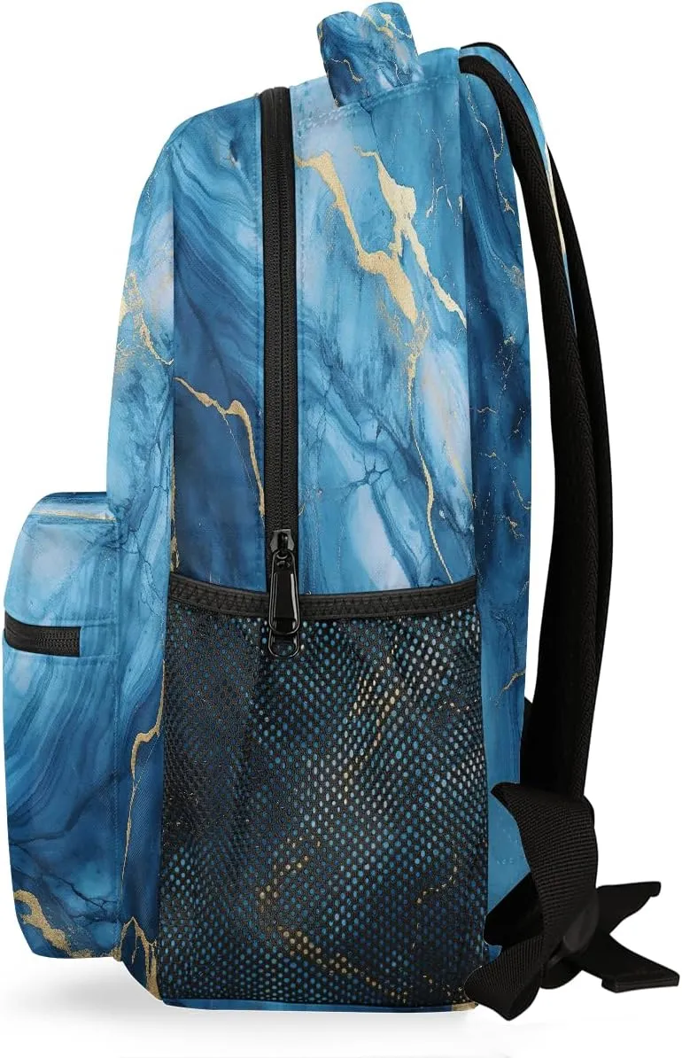 Liquid Blue Marble Texture Travel Backpack, Large 16 Inch Laptop Bookbag Lightweight Carry-On Bag for Business Travel & Hiking