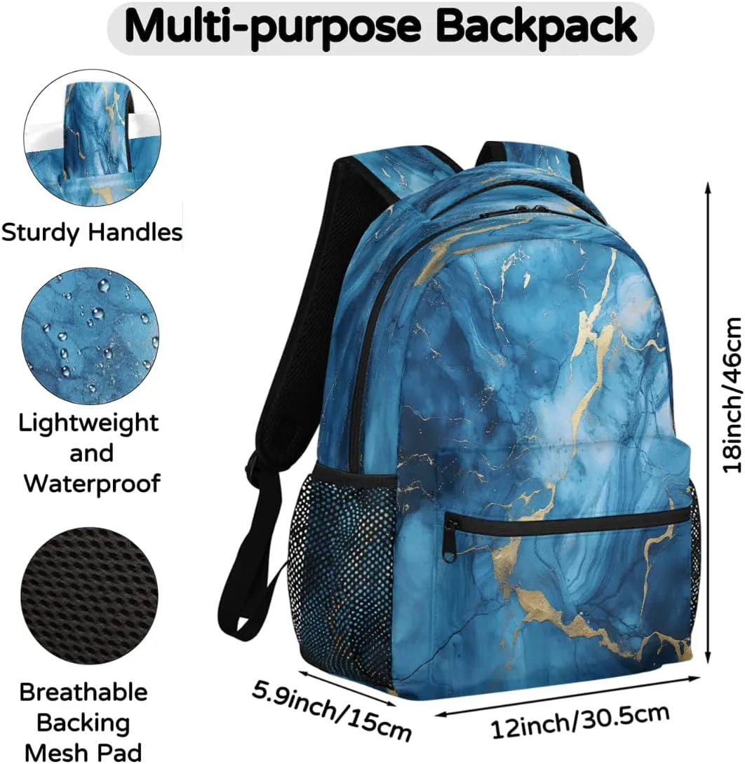 Liquid Blue Marble Texture Travel Backpack, Large 16 Inch Laptop Bookbag Lightweight Carry-On Bag for Business Travel & Hiking
