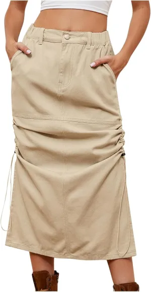 Long Denim Skirt for Women Casual A-Line Denim Maxi Skirt Stretch High Waisted Jean Skirt with Y2K Cargo Pocket
