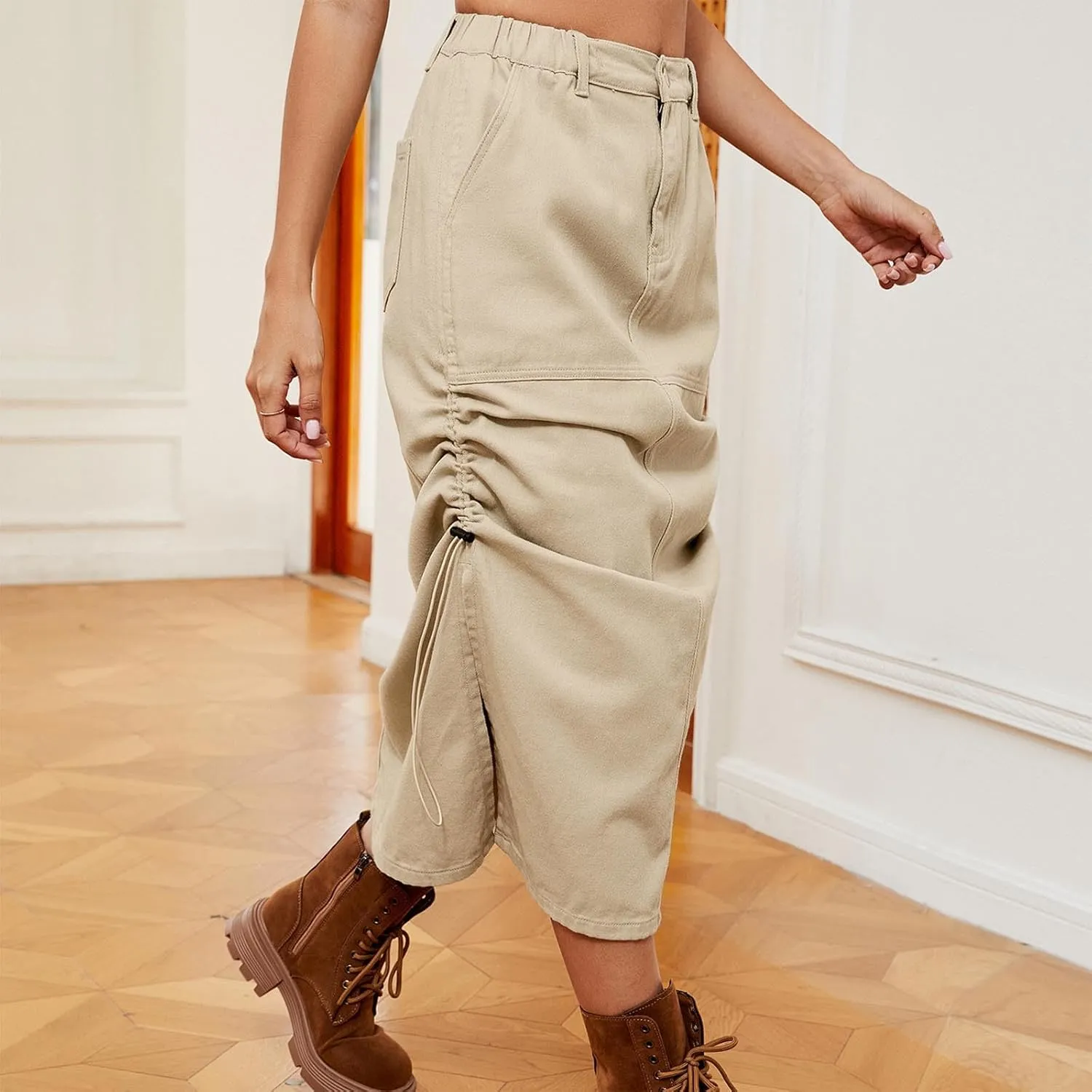 Long Denim Skirt for Women Casual A-Line Denim Maxi Skirt Stretch High Waisted Jean Skirt with Y2K Cargo Pocket